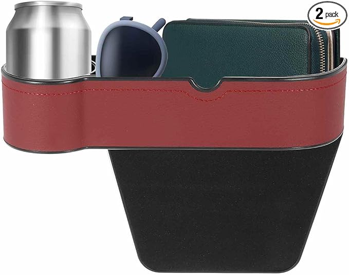 HARFINGTON Car Seat Gap Filler Organizer 10.6 x 7.1 x 2.8 Inch ABS+Leather Universal Car Organizer Storage Box Between Seat and Console (Left) with Cup Holders for Phone Keys, Wine Red