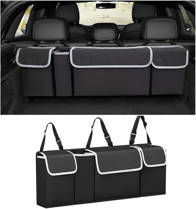 Car Trunk Organizer, Collapsible Large Capacity Auto Backseat Hanging Storage Bag with Adjustable Strap & 4 Pockets, Space Saving Car Back Seat Cargo Bag, Universal for Vehicles (Black)