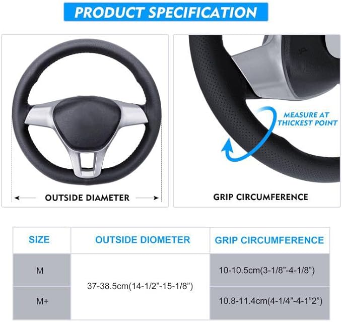 Carodi Leather Steering Wheel Cover, Breathable Non-Slip Design, Soft and Comfortable Feeling, Universal 15 Inch Auto Car Steering Wheel Stitch on Wrap（Size M+, Black）