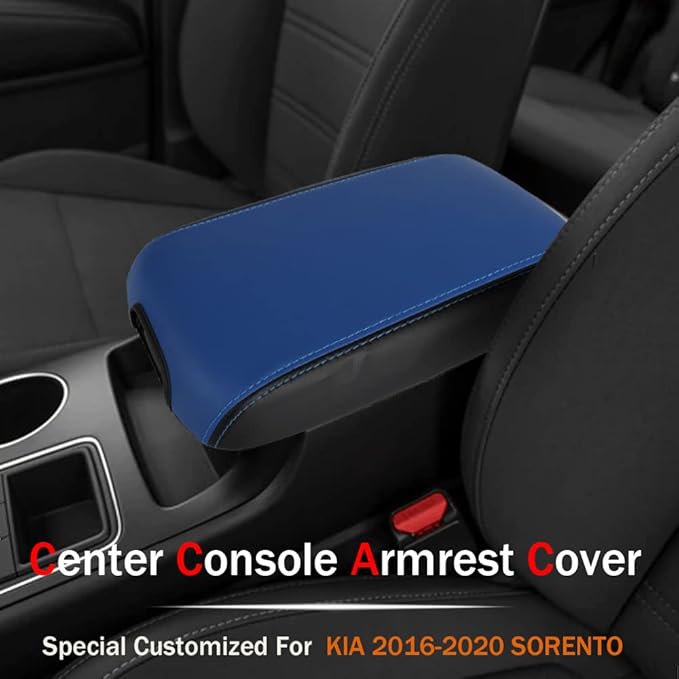 LEXLEY Center Console Pad Armrest Box Cover Waterproof Anti-Scratch Leather Protector Covers For Kia 2016-2020 Sorento-Blue+Black