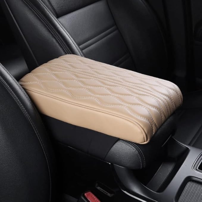 AIIONP Leather Car Armrest Box Pad, Universal Car Center Console Cover Pad, PU Leather Car Armrest Seat Box Cover Protector, Center Console Armrest Pad for SUV, Truck, Car (Beige, Wave Pattern)