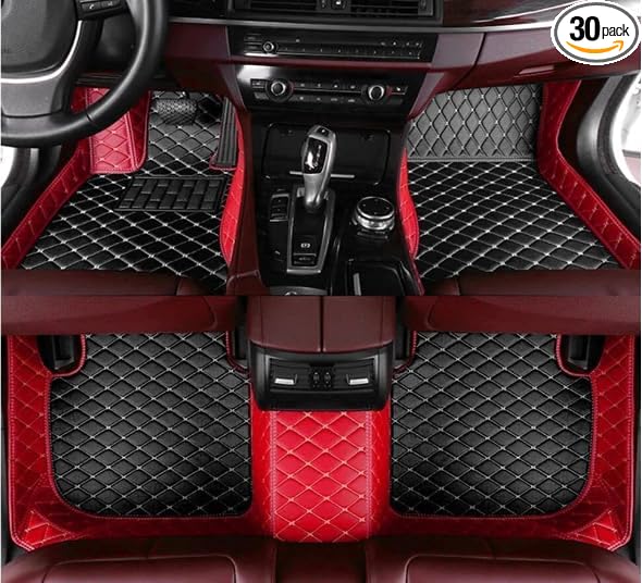 Custom Luxury Leather Car Floor Mats | All-Weather Protection | Waterproof Anti-Slip Automotive Floor Liners | Compatible with Cars SUV Trucks (Red+Black Beige)