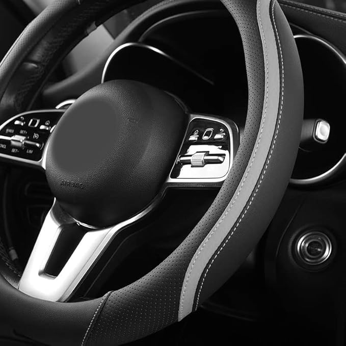 Car Steering Wheel Cover, Leather Steering Wheel Cover Grey Universal 14.5-15 Inch Microfiber Leather Anti-Slip Breathable Auto Steering Wheel Covers for Men Women (Black&Grey)