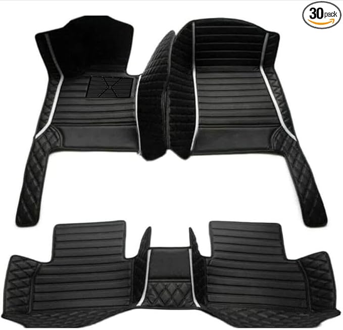 Luxury Custom Leather Car Floor Mats, All-Weather Waterproof Protection, Anti-Slip Heavy Duty Automotive Liners for Cars SUV Trucks (Black White Stripe)
