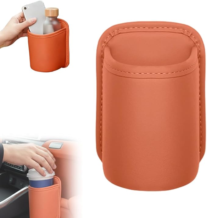 Universal Leather Car Door Cup Holder Trash Can, Leakproof Car Trash Bin,Multifunctional Back Seat Car Organizer for Hold Phones, Snacks, Drinks (Orange)