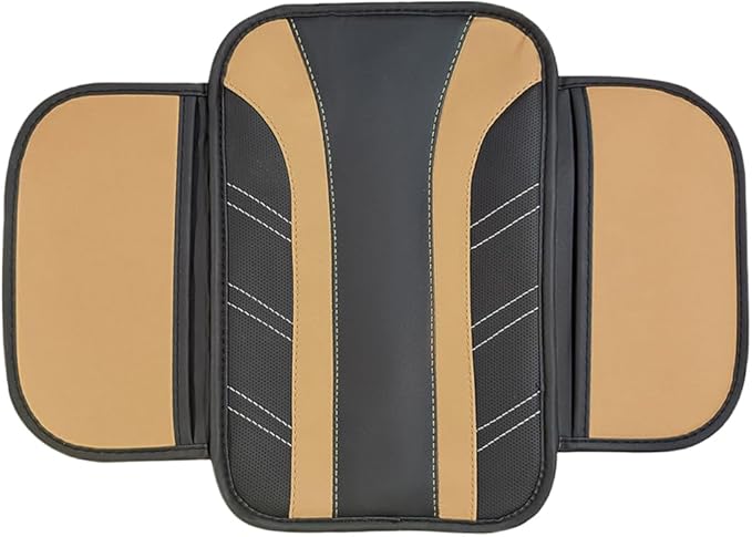 Car Center Console Cover, Soft Leather Sporty Armrest Protector Cushion with 2 Storage Pockets, Comfortable Auto Interior Middle Console Arm Rest Box Pad, Universal for Vehicles (Beige)