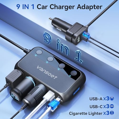 158W 9 in 1 Cigarette Lighter Splitter with 3 Socket Multi Port Car Charger Adapter Dual PD30W and 3 USB-A QC3.0 DC 12V/24V Independent Switches and Voltage Display for Car Truck Ipad Camping