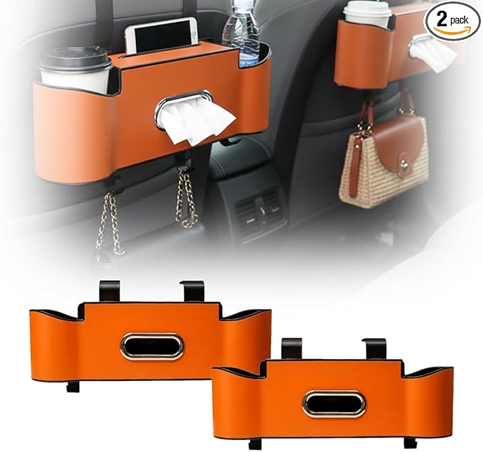 asfanst 3-in-1 Car Backseat Organizer with Cup Holder, Tissue Box, and Hooks, Multifunctional Back Seat Storage for Phones, Snacks, Drinks, and Handbags (2, Orange)