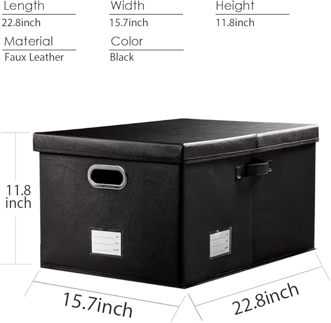 PRANDOM Collapsible Storage Box with Lid [3-Pack] Leather Fabric Foldable Storage Bin Organizer Container Basket Cube with Cover for Home Bedroom Closet Office Nursery Black(22.8X15.7X11.8)