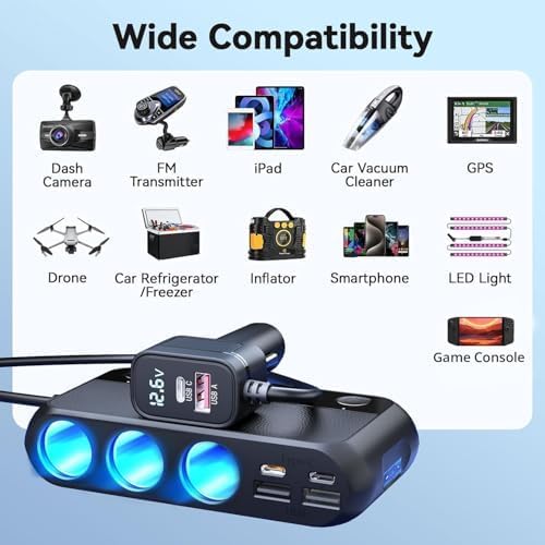158W 9 in 1 Cigarette Lighter Splitter with 3 Socket Multi Port Car Charger Adapter Dual PD30W and 3 USB-A QC3.0 DC 12V/24V Independent Switches and Voltage Display for Car Truck Ipad Camping