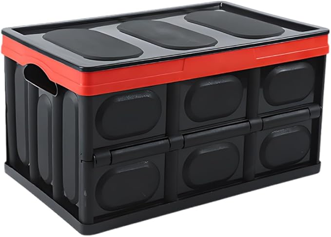 Car Trunk Organizer, Foldable Plastic Cargo Storage Box with Lid, Large Car Tool Container with Handles, Universal Automotive Organization Accessories for Camping, Groceries (Black)