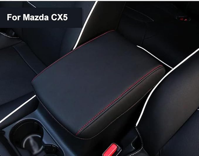 Auprite Center Console Cover for Mazda CX5 2018-2023 2024 2025, Auto Center Console Cover Pad Leather Car Armrest Seat Box Cover Protector for Mazda CX5 Accessories (Black with Red Stitches)