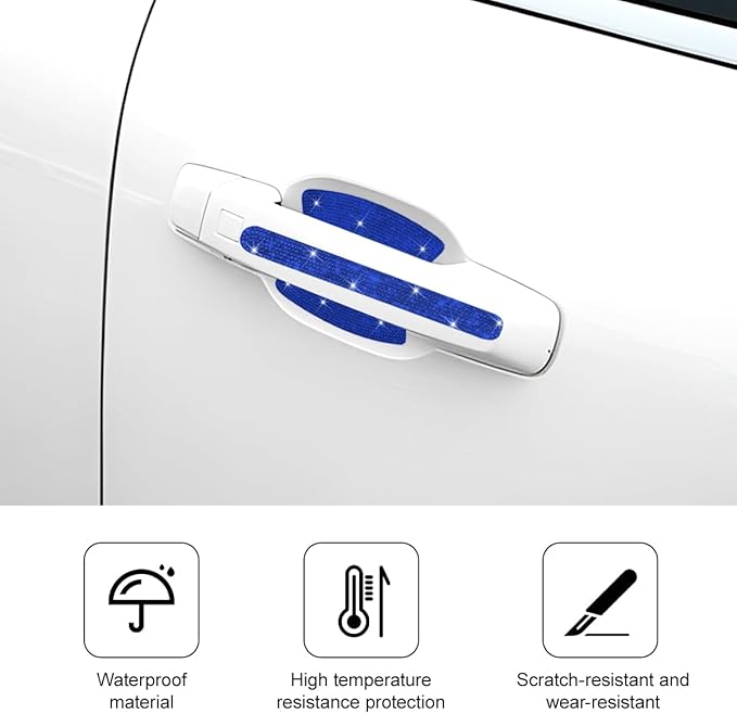 Mandark 8PCS Bling Car Door Handle Protector, Crystal Rhinestone Vehicle Door Bowl Protective Sticker, Glitter Anti-Scratch Auto Decor Decals Accessories, Universal for SUV, Sedan, Truck (Blue)