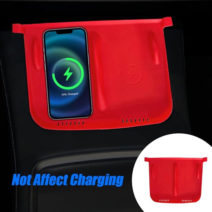 Center Console Wireless Charger Anti-Slip Silicone Mat, Waterproof Phone Pad for Wireless Charging, Car Interior Accessories Universal for Model 3 Model Y 2021-2024 (Regular, Red)