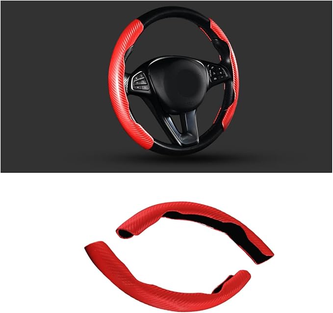 Steering Wheel Cover, 2PCS Segmented Steering Wheel Protector, Carbon Fiber Anti-Slip and Durable Car Accessory, Universal Fit for Most Cars，SUVs (Carbon Fiber Red)