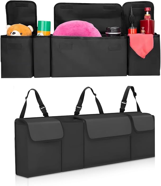 Car Trunk Organizer, Collapsible Large Capacity Auto Backseat Hanging Storage Bag with Adjustable Strap & 4 Pockets, Space Saving Car Back Seat Cargo Bag, Universal for Vehicles (White)