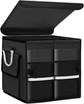 Car Trunk Organizer With Lid, 28L Collapsible Waterproof Oxford Fabric Trunk Organizer with Aluminum Handle, Portable 2-Compartment Cargo Storage Box for SUV, Truck, Sedan (Black)