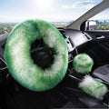 15inches Universal Leather Car Steering Wheel Cover Car Accessories Colorful Fuzzy Steering Wheel Cover Gear Shift Cover Handbrake Cover (Green)