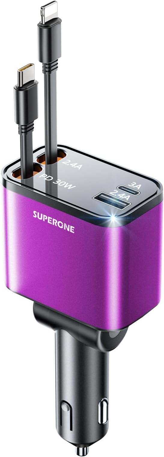 [2024 Upgraded] 4 in 1 Retractable Car Charger, SUPERONE Smaller Fast Car Phone Charger 69W with Cord, USB C and iPhone Car Charger Adapter, Compatible iPhone 17/17 Pro Max/16/15/14/13/12/11, Sumsung