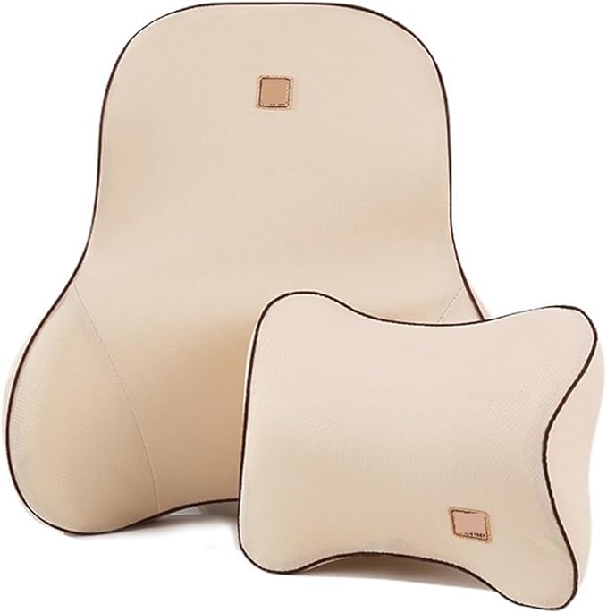 Car Driver Pillow Lumbar Support Back Cushion Fit for Seat Neck Pillow Washable Pillow Cushion(1 Set Beige)