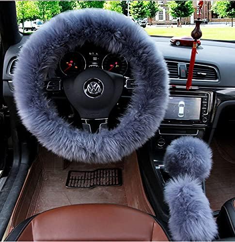 15inches Universal Leather Car Steering Wheel Cover Car Accessories Colorful Fuzzy Steering Wheel Cover Gear Shift Cover Handbrake Cover (Gray)