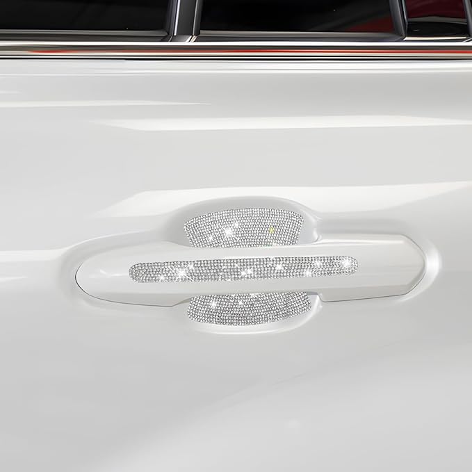 8PCS Bling Car Door Handle Protector, Crystal Rhinestone Anti-Scratch Vehicle Door Handle Bowl Stickers, Glitter Automotive Exterior Decal Accessories, Universal for Vehicles (White)