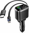 Mizi [2025 Upgraded] Retractable Car Charger 5 in 1, 69W Fast Charging with 2X Retractable Cords [Lightning + Type-C], 2X Type-C & 1X Type-A Port for iPhone 16/15/14/13/12, Samsung, and More - Black