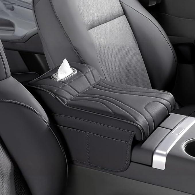 Car Armrest Cushion for Toyota Highlander/Avalon/Sienna 2000-2025, Car Middle Center Console Cover with Storage Bags and Tissue Box, Auto Interior Armrest Protector Pad,A Black