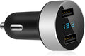 LIHAN 2 USB Car Charger,12V/24V Voltage Meter, Output 4.8A, Cigarette Lighter Plug Adapter Compatible with iPhone,iPad, Samsung, USB Charging Devices, Silver
