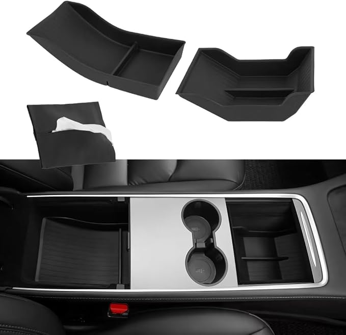 BurtyPokie Lower Center Console Organizer Tray for Tesla Model Y 2021-2024 & Model 3 2021-2023, Custom Fit Storage Box with Compartments, Bottom Console Organizer Accessories