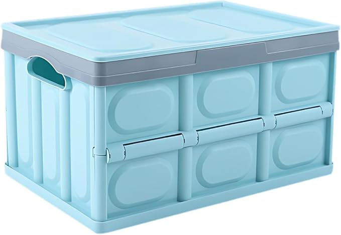 Car Trunk Organizer, Foldable Plastic Cargo Storage Box with Lid, Large Car Tool Container with Handles, Universal Automotive Organization Accessories for Camping, Groceries (Blue)