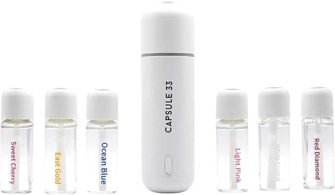 Capsule 33 Car Perfume Starter Pack, Car Air Freshener, Ultrasonic Aroma Diffuser, 6 Fragrances (White Crystal, Red Diamond, East Gold, Ocean Blue, Sweet Cherry, Light Pink) (Black)