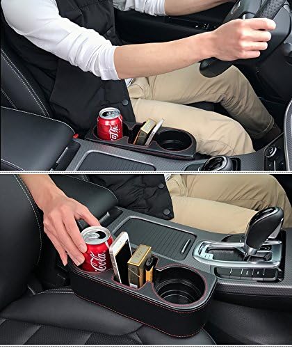 IOKONE Car Cup Holder, Auto Cup Drink Holders，Multifunctional Auto Front Seat Organizer with PU Leather Cover, Gap Filler Storage Box Coin Bucket Console Side Pocket Cell Mobile Phone Holder (Black)