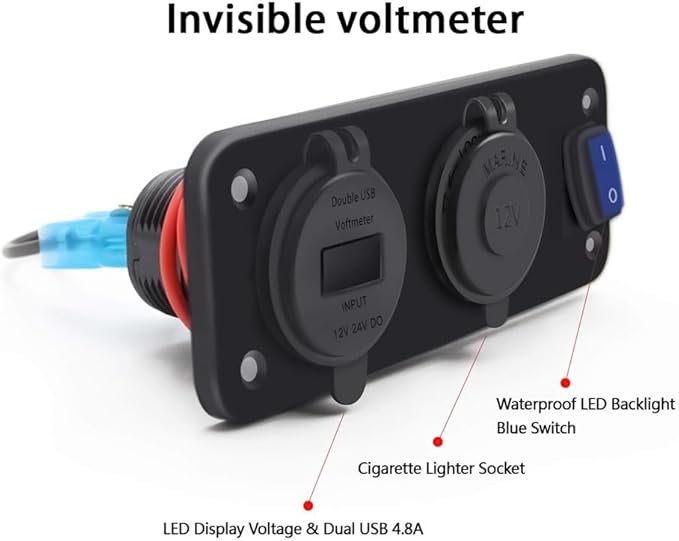 QC3.0 PD Dual USB Fast Charger Socket Multi Port Panel Cigarette Lighter Splitter with Voltmeter Switch for Car Motorcycle Boat(Red Light)