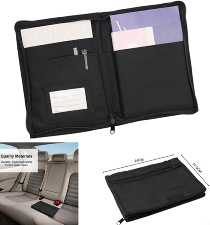 Car Glove Box Organizer Storage Folder for Documents and Manuals, 600D Oxford Cloth with Zippered Pocket and Elastic Loop, Black