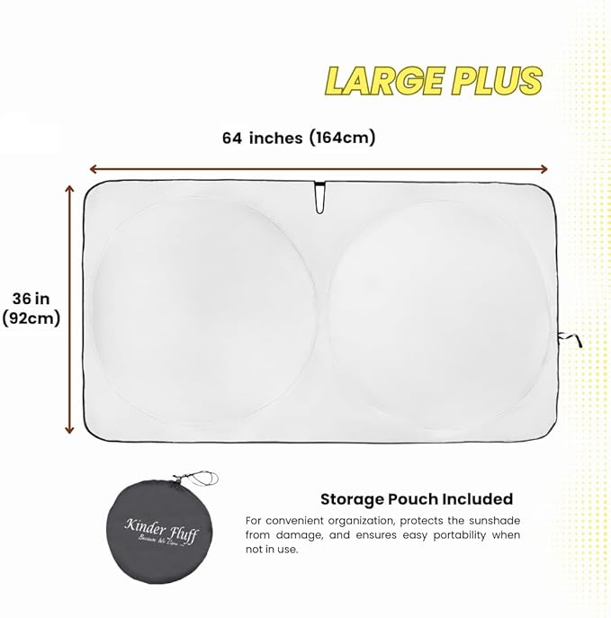 Kinder Fluff Windshield Sunshade | Reflective Patented Car Sun Protection - Certified 99% UVR Block - Cool Interior | Foldable Sun Visor Cover | Automotive Accessories for Summer Heat |Size L+ 64"x36"