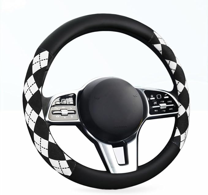 Steering Wheel Cover, Pink and White Diamond Pattern, 15 Inch, Anti-Slip Leather (Black)
