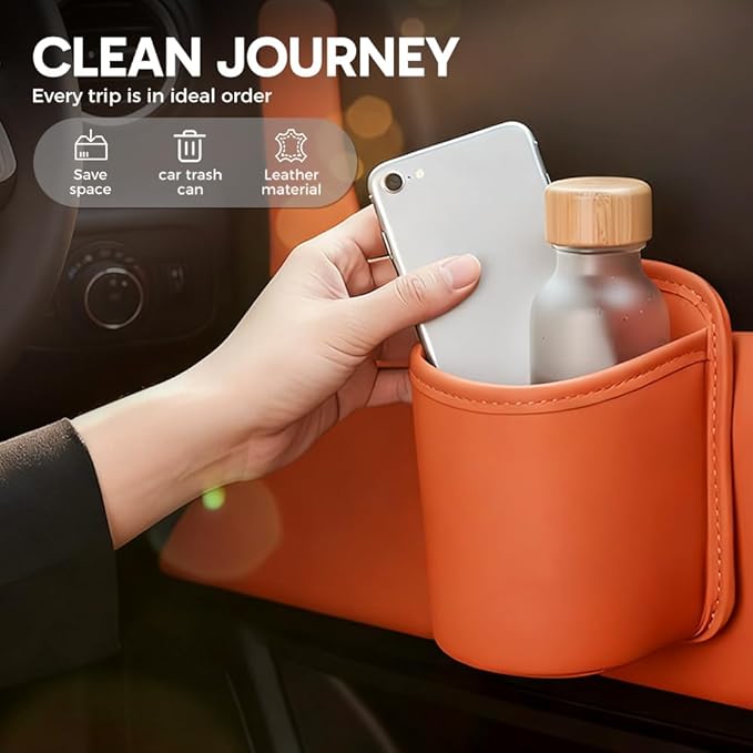 Universal Leather Car Door Cup Holder Trash Can, Leakproof Car Trash Bin,Multifunctional Back Seat Car Organizer for Hold Phones, Snacks, Drinks (Brown)