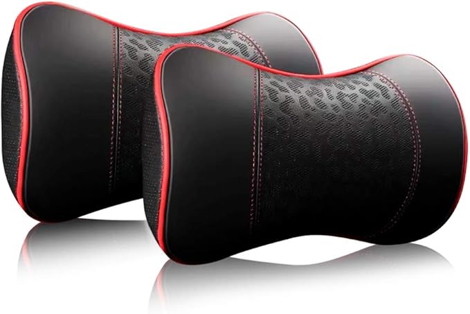 HAOTULE Car Leather Neck Pillows, Neck Rest Cushions,100% Memory Foam Cervical Support, Comfortable Travel car Seats and Home Office Soft Pillows, Red a Set (2 pcs)
