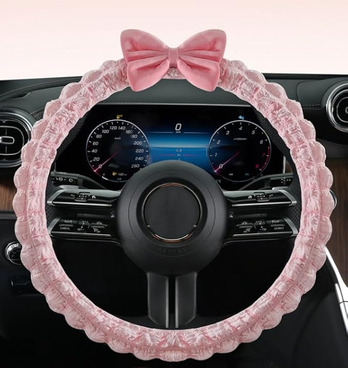 Cute Cartoon Anti-Slip Car Steering Wheel Cover - Puff Bowknot Style for Women & Girls, Universal Fit Auto Handlebar Cover, Fun Car Interior Accessories Gifts for Sister (Pink)
