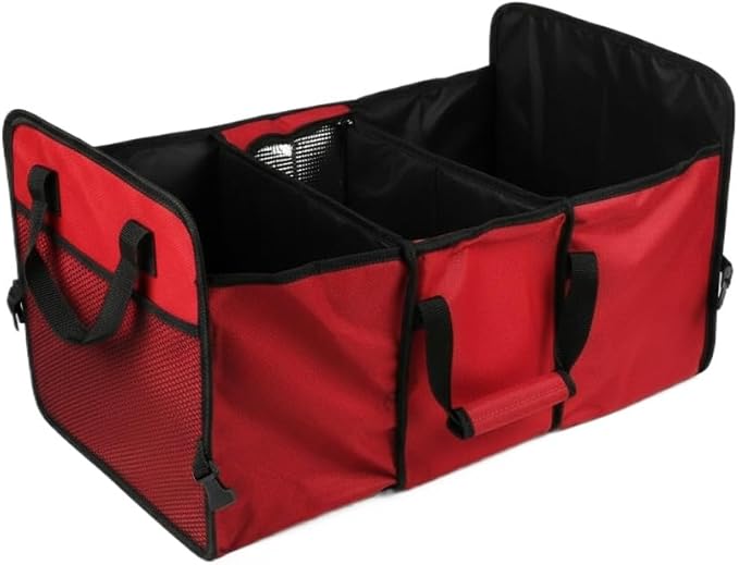 Vehicle Owners Red Collapsible Insulated Trunk Organizer 3-Compartment Car Cargo Storage Box Cooler for Groceries Camping & Road Trips All Season