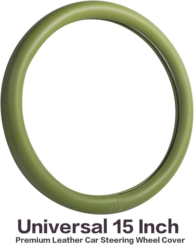 VARGTR Car Steering Wheel Cover,Universal 15 Inch Premium Leather Car Steering Wheel Cover,Best Grip,Perforated Design,Breathable,Non-Slip,Sweat-Absorbent,Warm in Winter and Cool in Summer (Green)