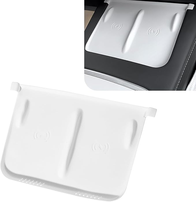 1 PC Car Central Control Wireless Supplementary Power Supply Silicone Pad, 9" x 7" Flexible Non-Slip Panel, 1:1 Dustproof Cleanable Mobile Phone Tray, Compatible with Tesla Model Y/3 (White)