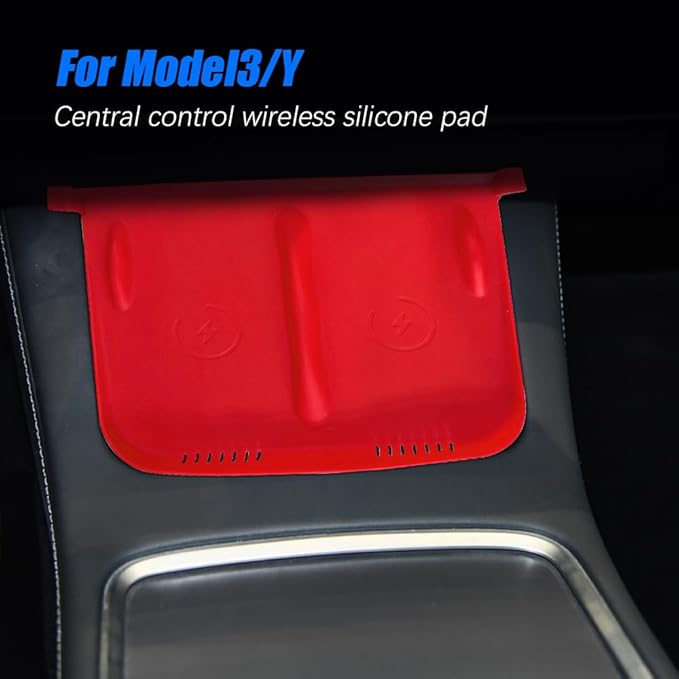 Center Console Wireless Charger Anti-Slip Silicone Mat, Waterproof Phone Pad for Wireless Charging, Car Interior Accessories Universal for Model 3 Model Y 2021-2024 (Regular, Red)