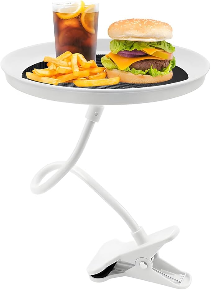 Adjustable Food Tray for Car, 360° Swivel Non-Slip Car Food Table for Drinks and Snacks, 8.7 Inches Diameter Swivel Car Clip Type Tray for Eating, Universal Car Accessories (White)