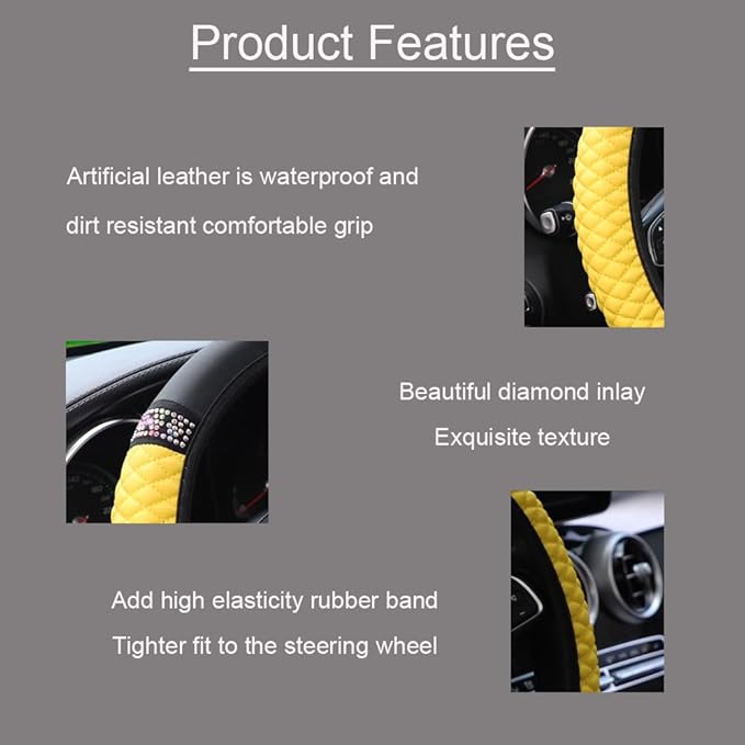 WLERIR Microfiber Leather Steering Wheel Cover with Anti-Slip Lining Universal Car Accessory for Steering Wheel with a Diameter of 14.5-15 inch (Yellow)