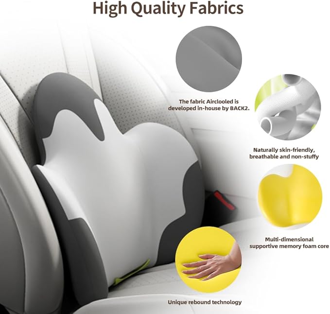 Lumbar Support Pillow for Office Chair, Car Back Support with Memory Foam, Support for Lower Back Pain Relief Lumbar Pillows, Ergonomic Back Cushion for Desk Chair, Sofa, Bed, Car Seat (Grey/White)