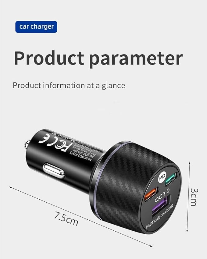 88.5W 3-Port USB C Car Charger with PD3.0 & QC3.0, Fast Charging Cigarette Lighter Adapter, 12V-24V Car Phone Charger Cigarette Lighter Adapter for Car/SUV/Truck/Van
