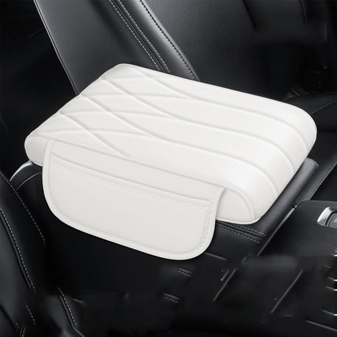 Car Center Console Cover for Ford Bronco Badlands/Sasquatch 2021-2025, Leather Armrest Pad Comfortable Waterproof Arm Rest Box Cushion Protector with Storage Bag,Normal-F/White