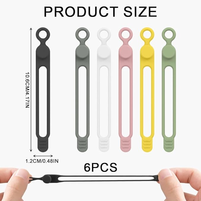 Silicone Cable Ties, 6pcs Reusable Data Cable Organizer, Multipurpose Elastic Wire Organizer Ties for Bundling and Fastening Earphone, Phone Charger